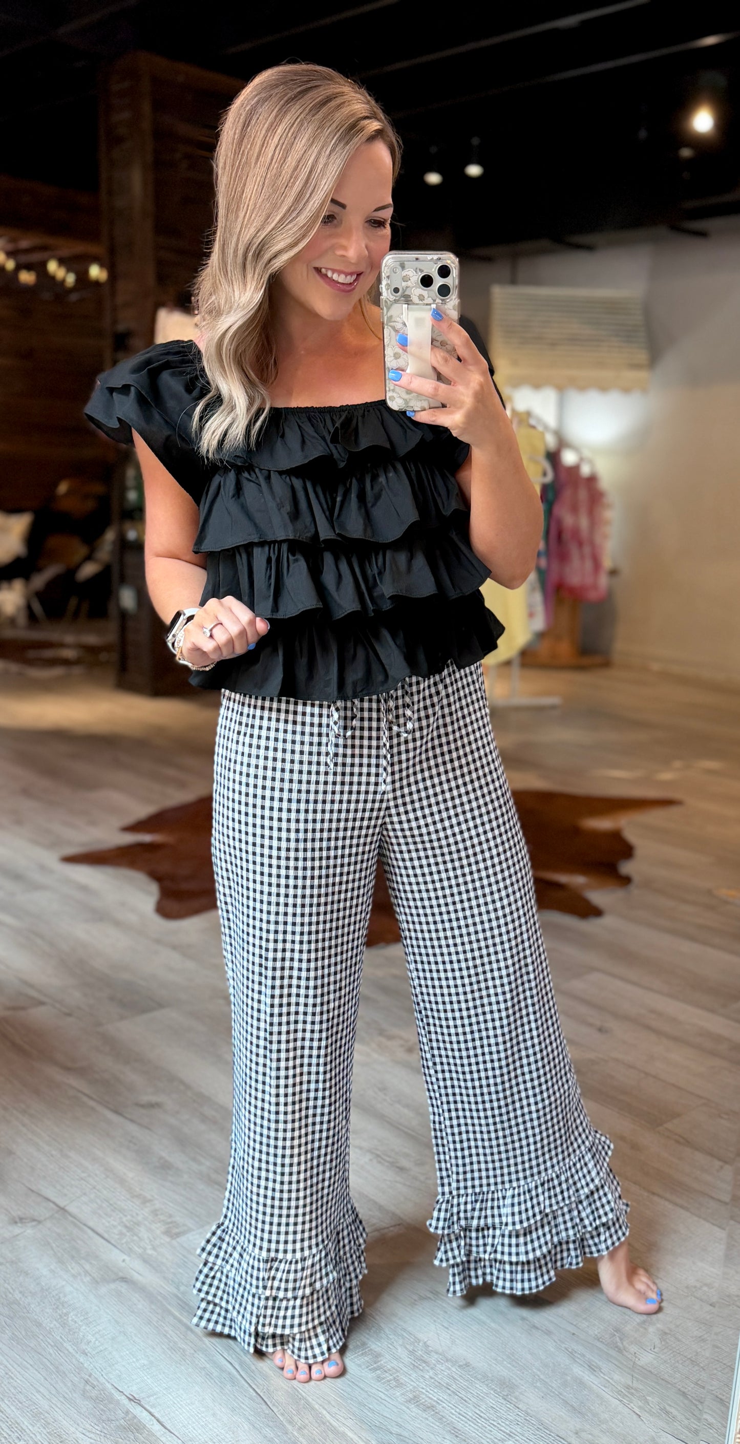 Black Gingham Ruffle Pants