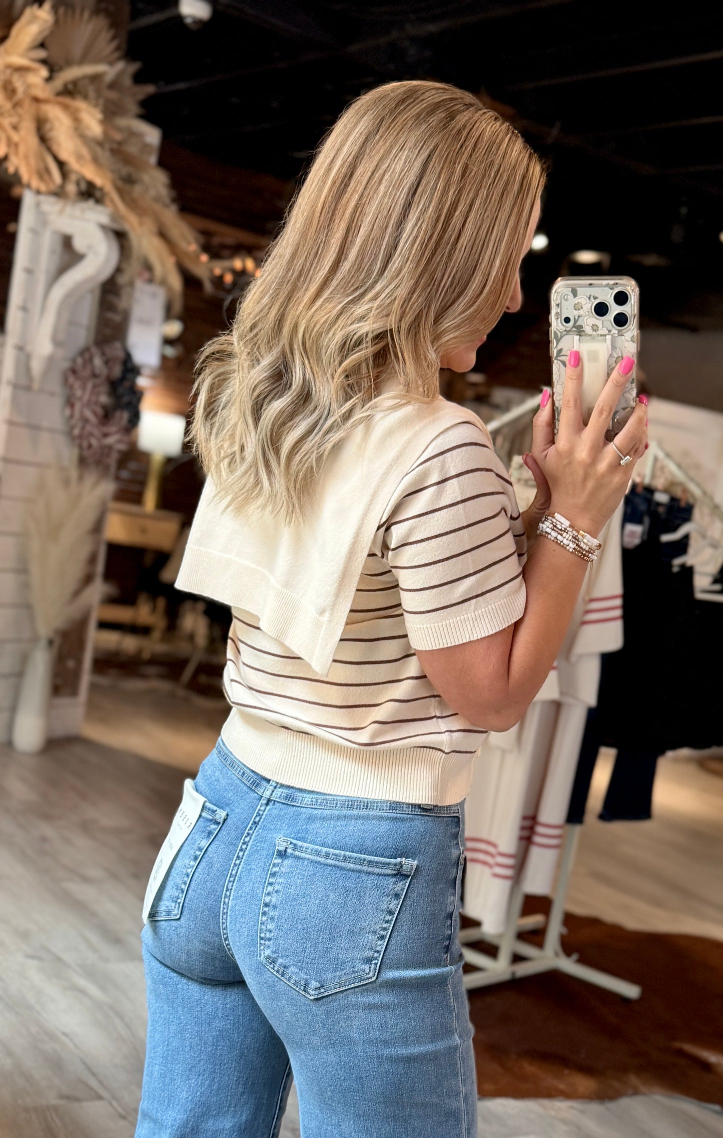 Ivory/Brown Striped Sweater Tie Top