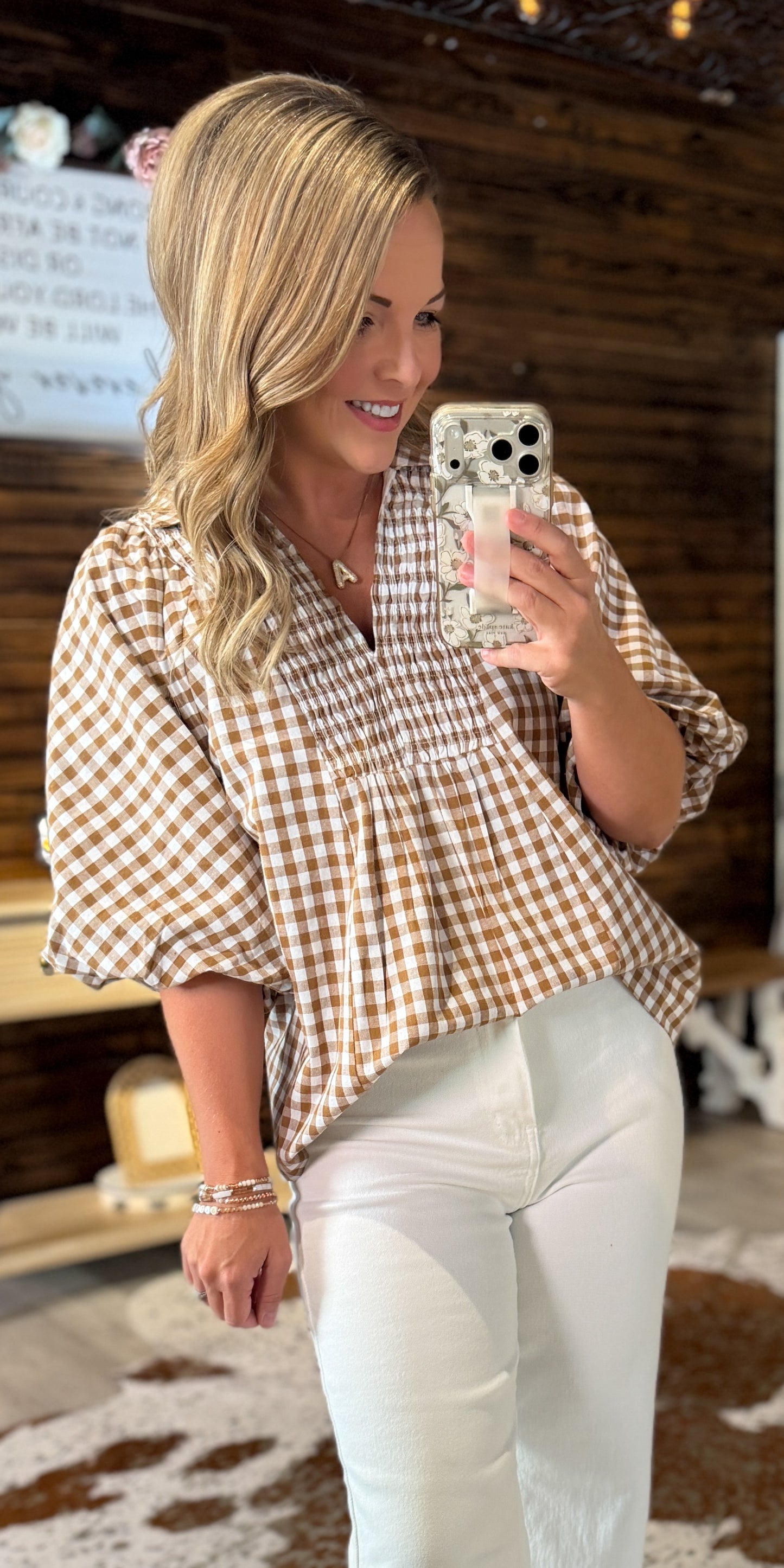 Brown/White Gingham Puff Sleeve Top