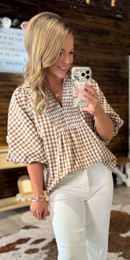 Brown/White Gingham Puff Sleeve Top