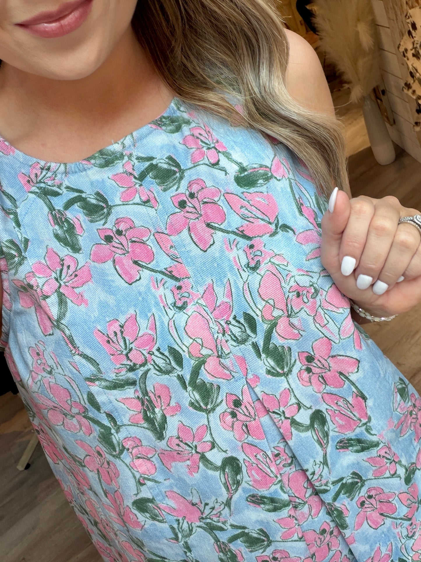 Blue/Pink Floral Denim Dress