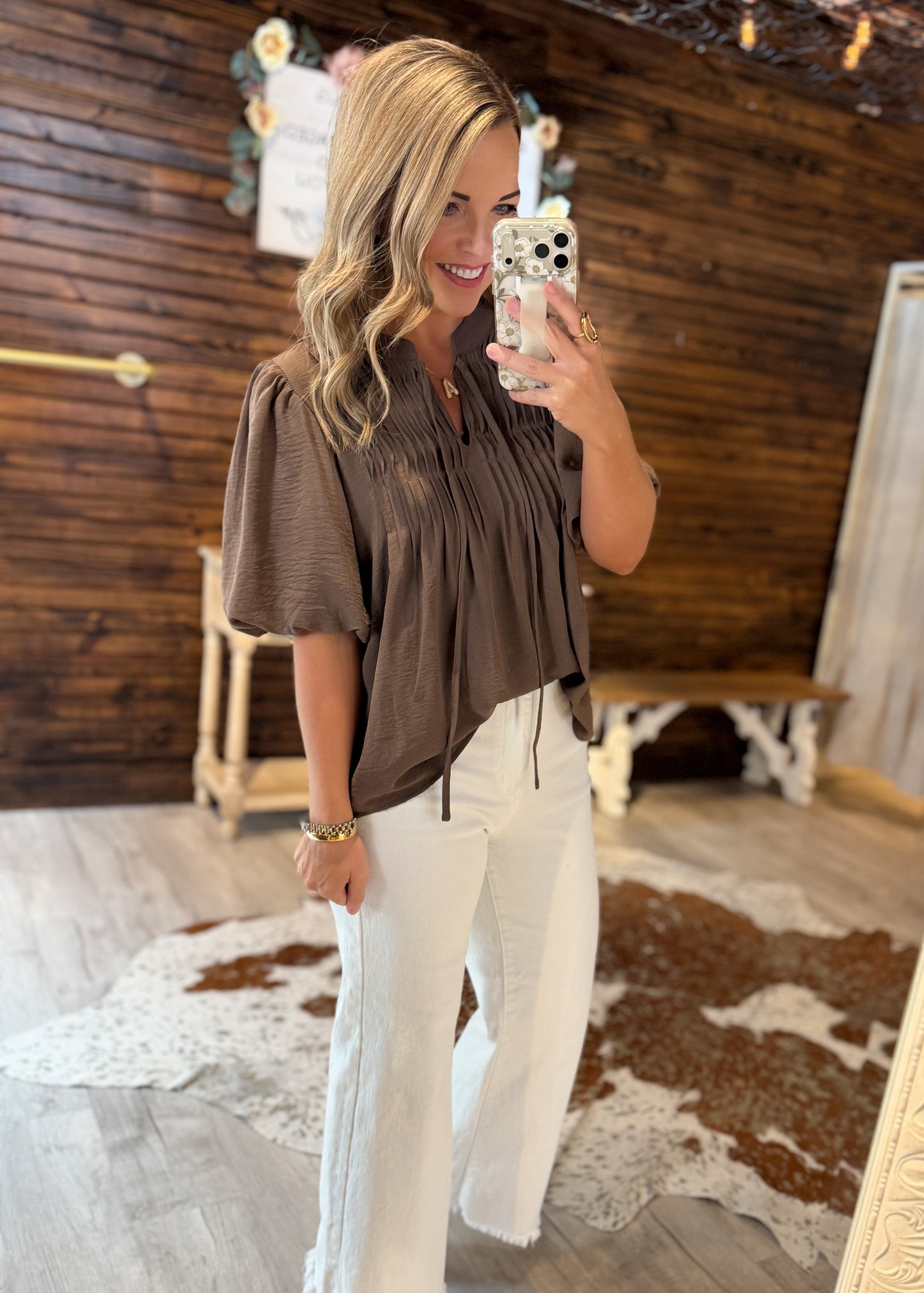 Mocha Puff Sleeve Dressy Top