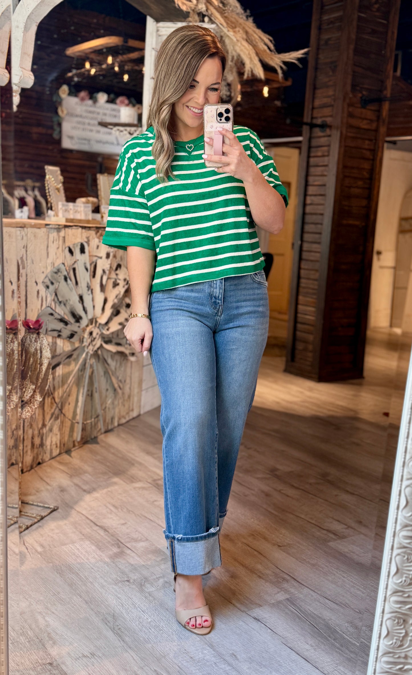Green/Oatmeal Striped Knit Top