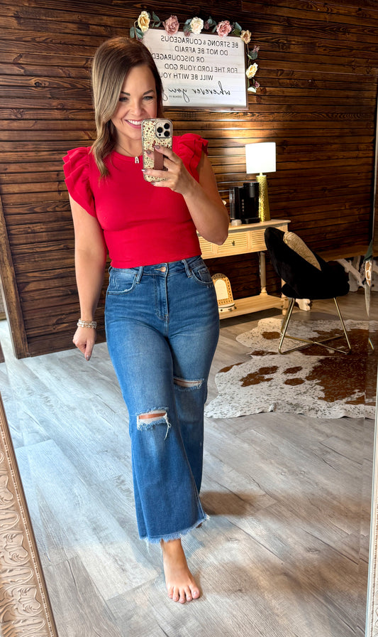 Red Ribbed Ruffle Crop Top