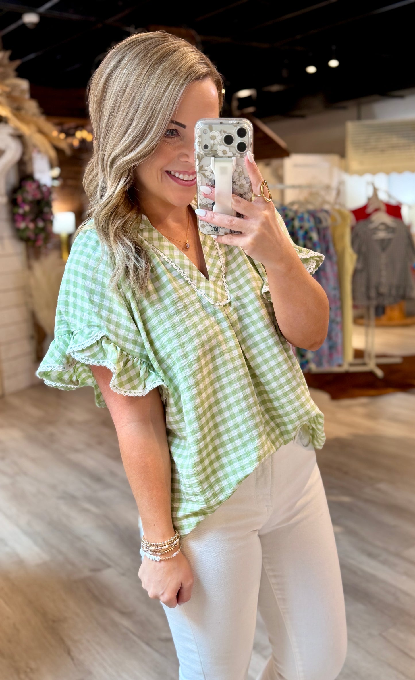 Sage/White Lace Detail Dressy Top