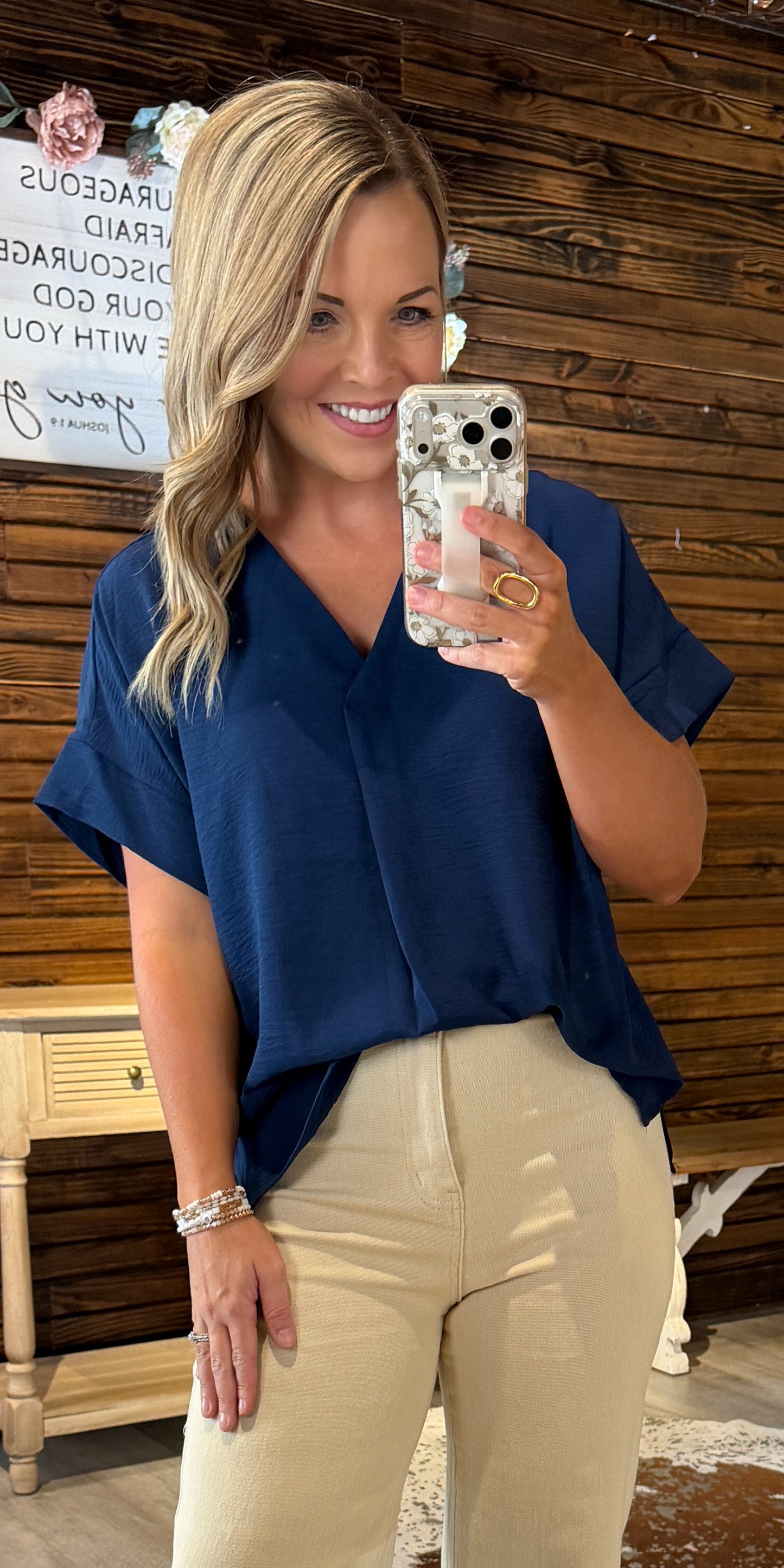 Navy V-Neck Dressy Top