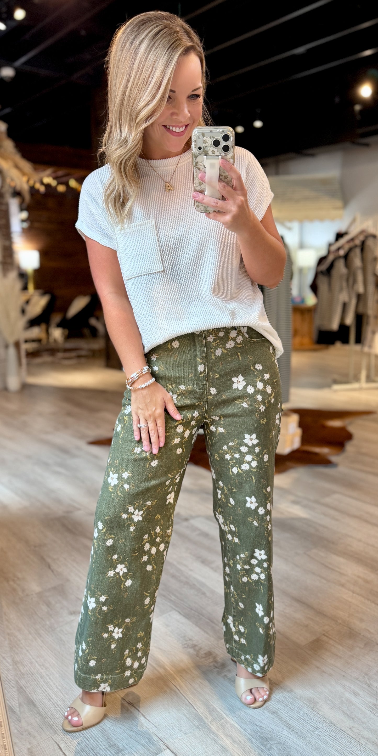 Olive Floral Print Denim