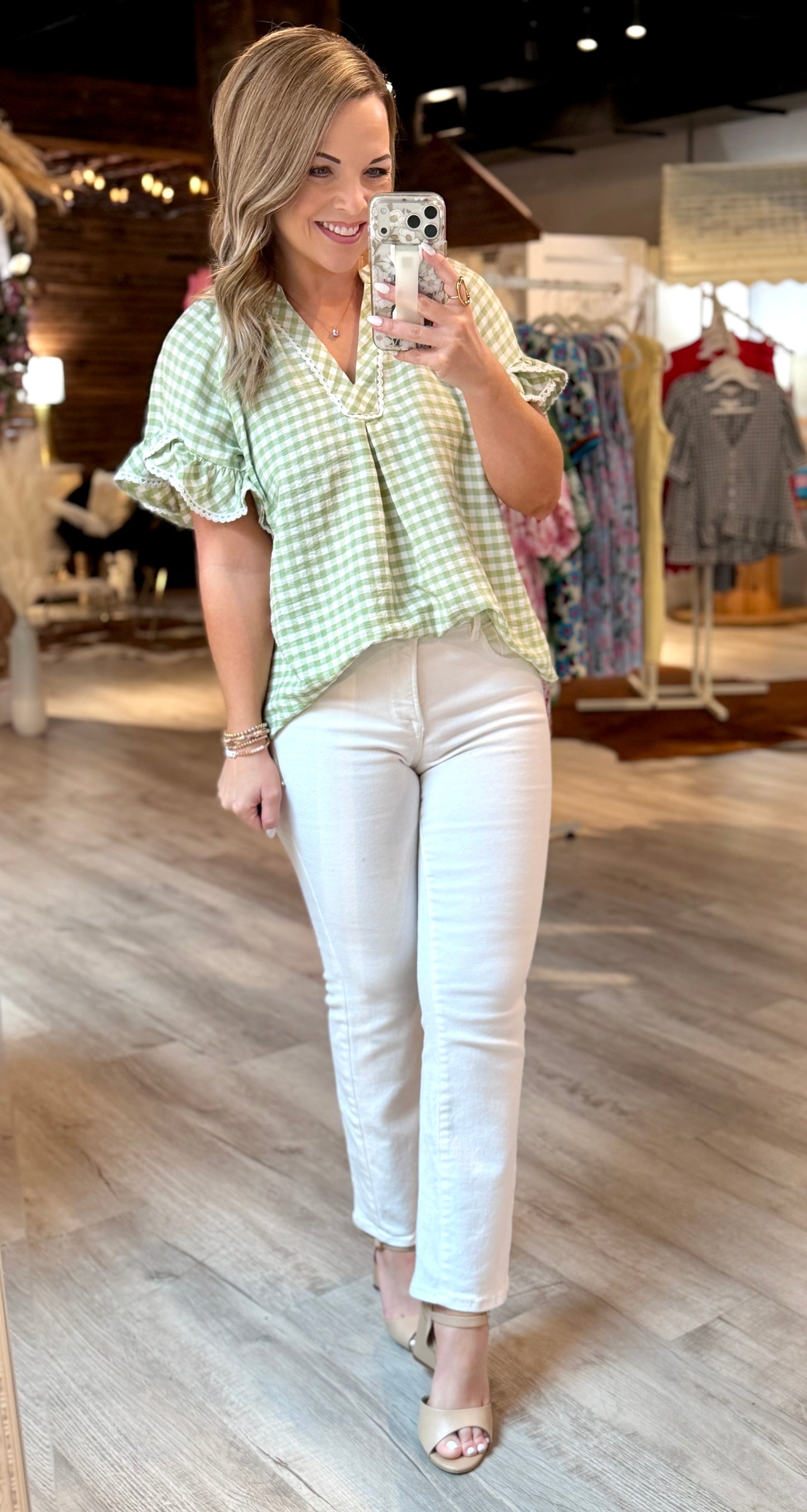 Sage/White Lace Detail Dressy Top