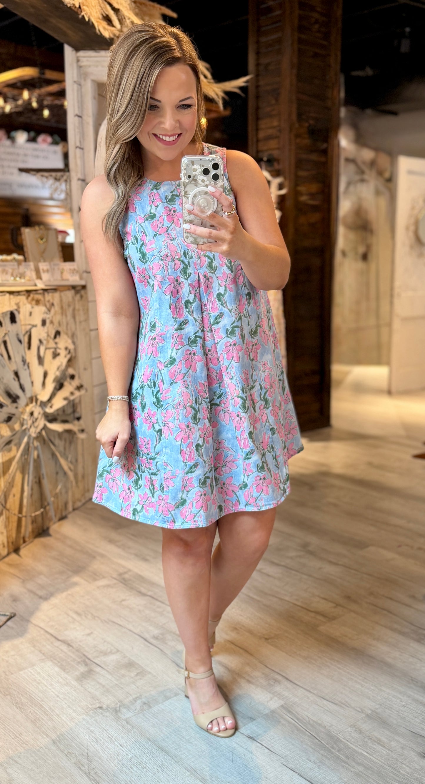 Blue/Pink Floral Denim Dress