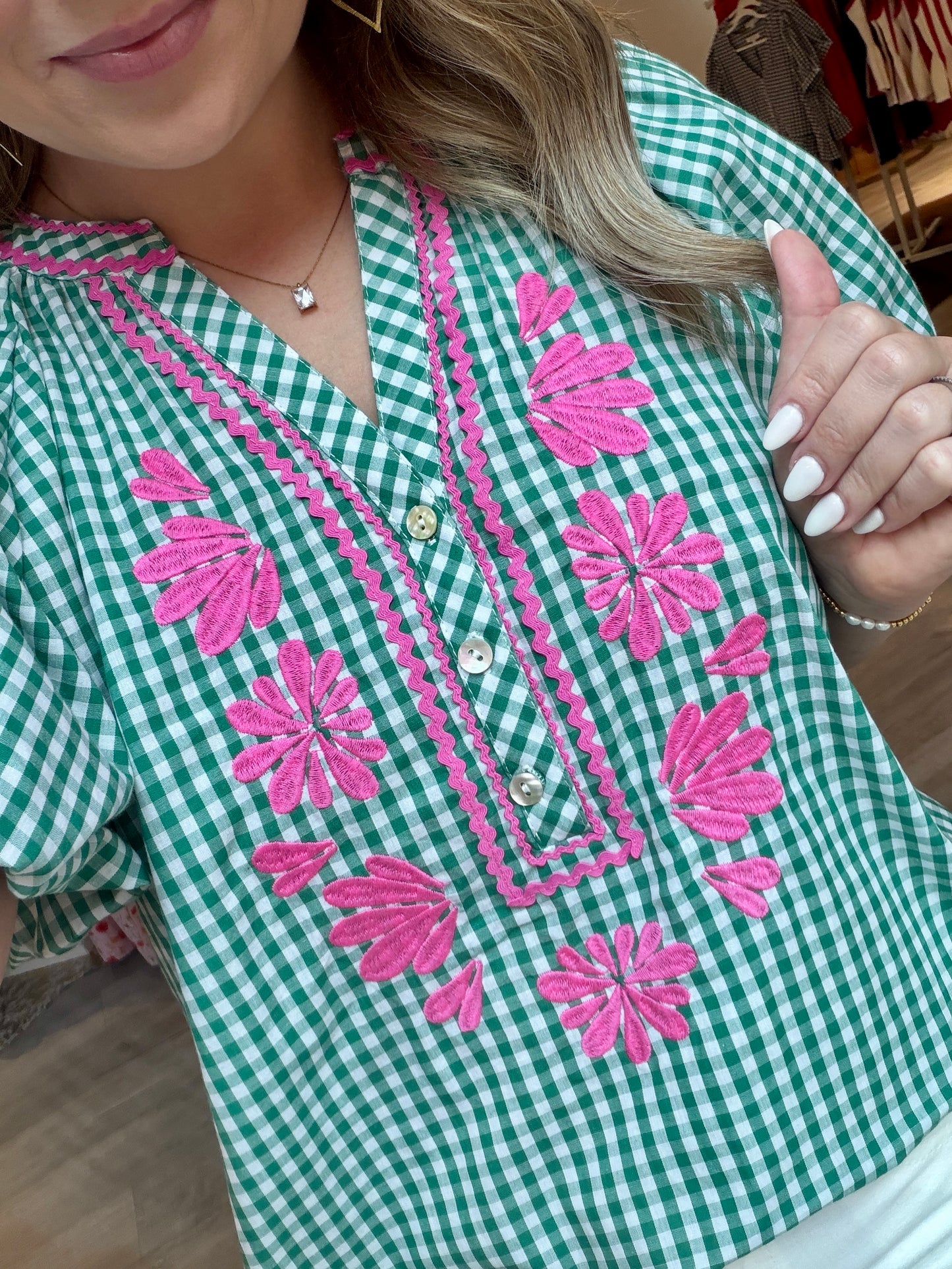 Green/Pink Gingham Dressy Top