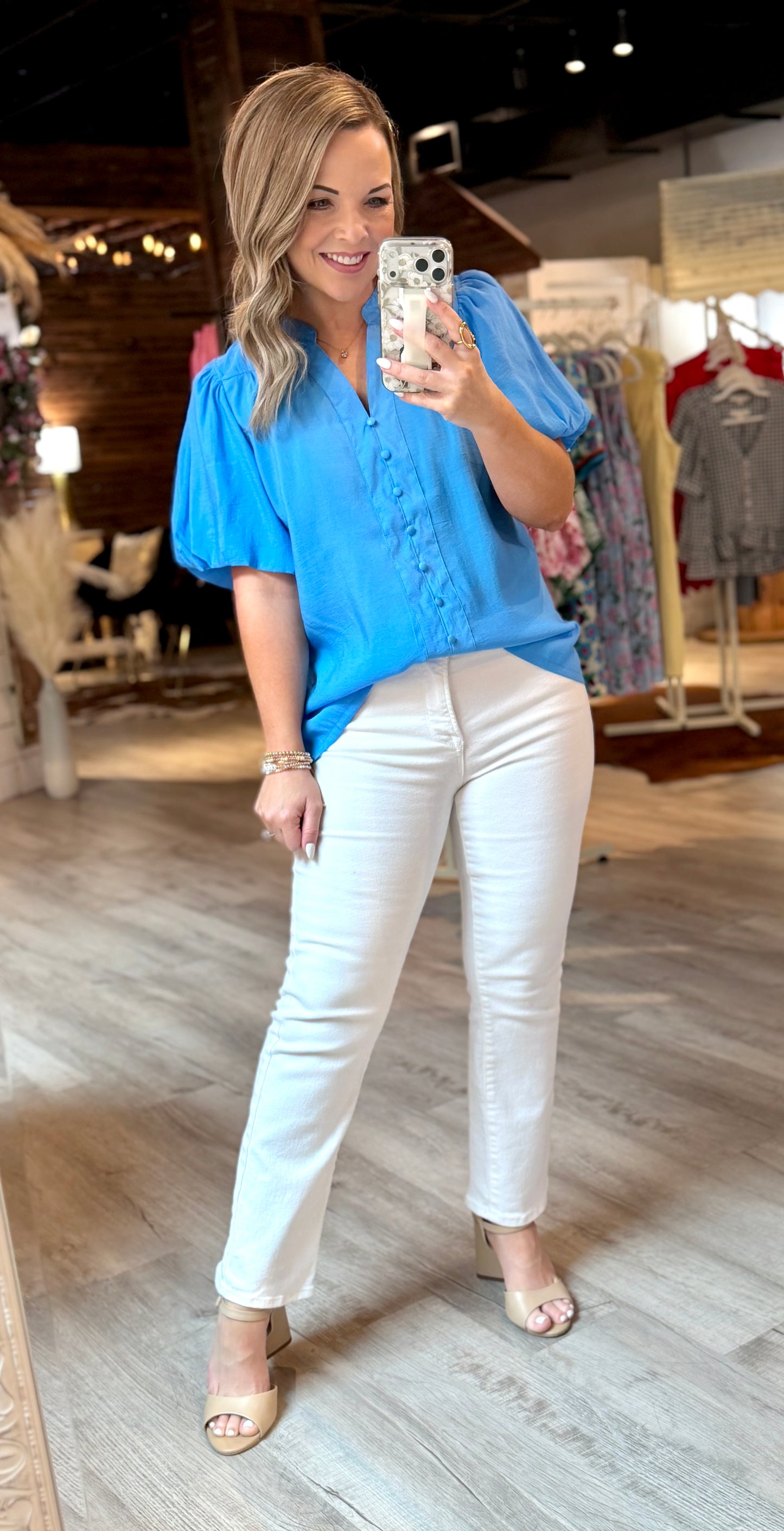 Ocean Blue Puff Sleeve Dressy Top