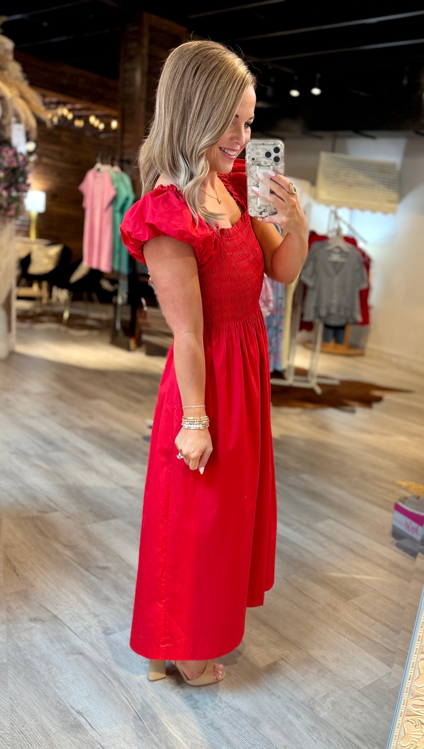 Red Smocked Midi Dress