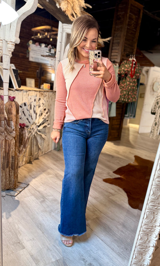 Rust Color Block Ribbed Top