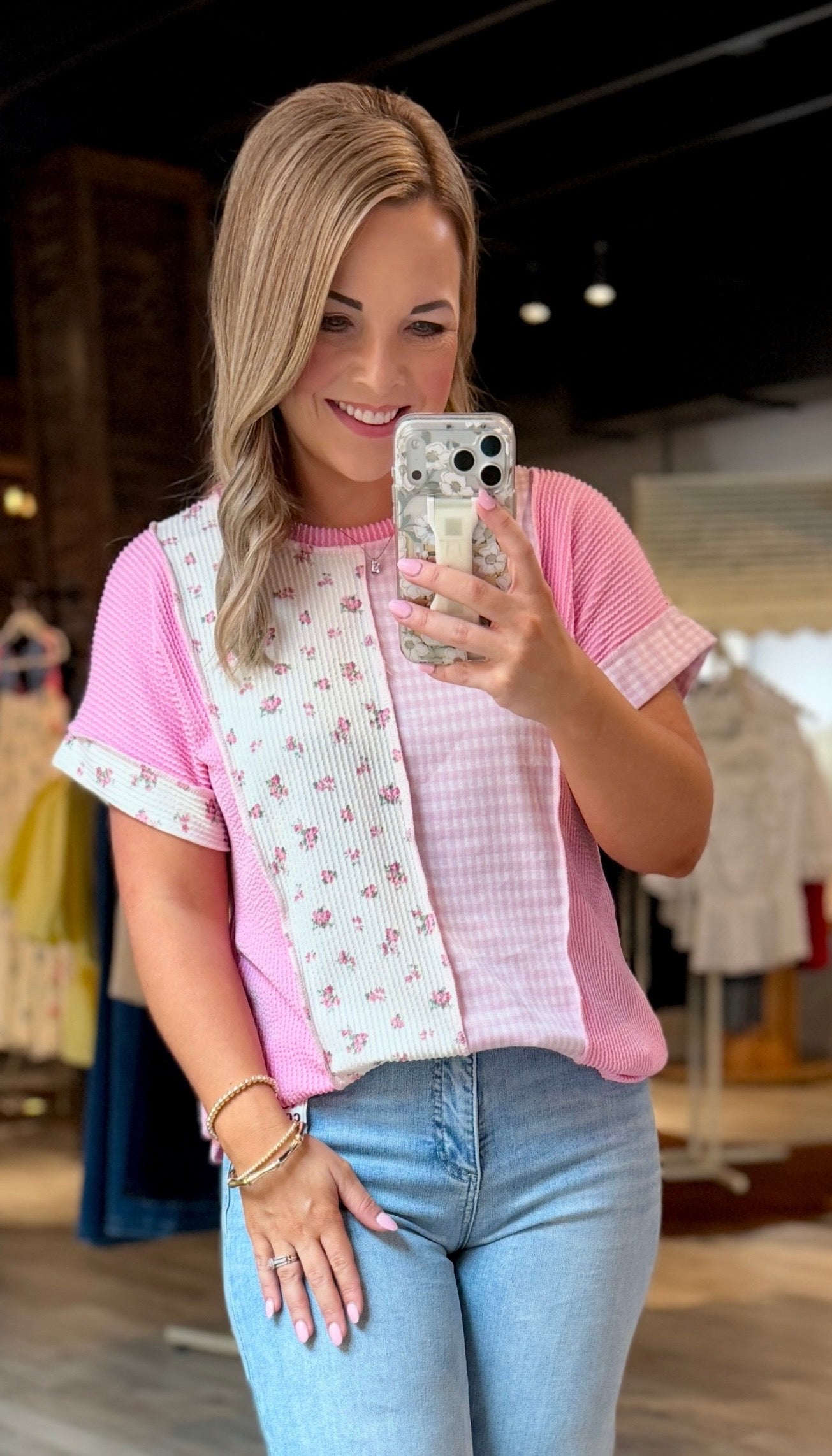 Pink Gingham Floral Top
