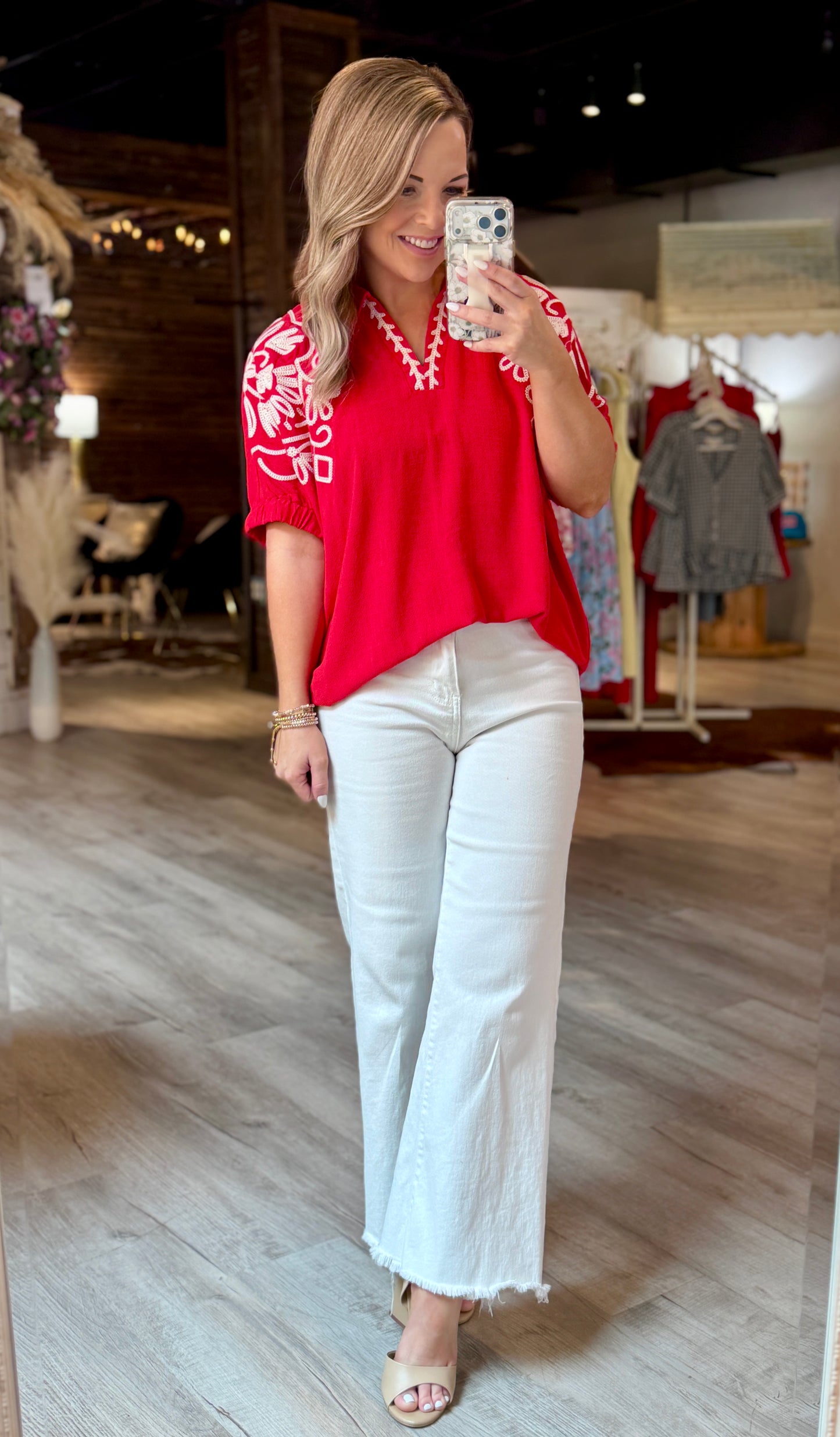 Red Embroidered Detail Top