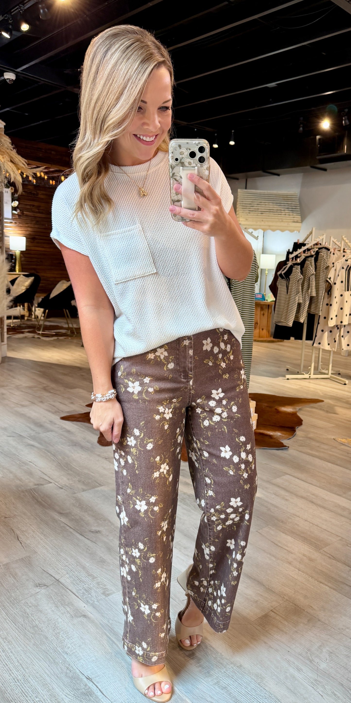Brown Floral Print Denim