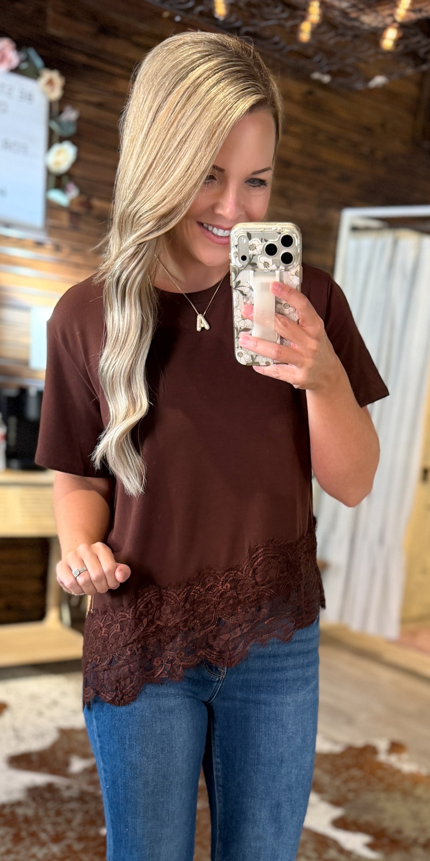 Brown Lace Trim Top