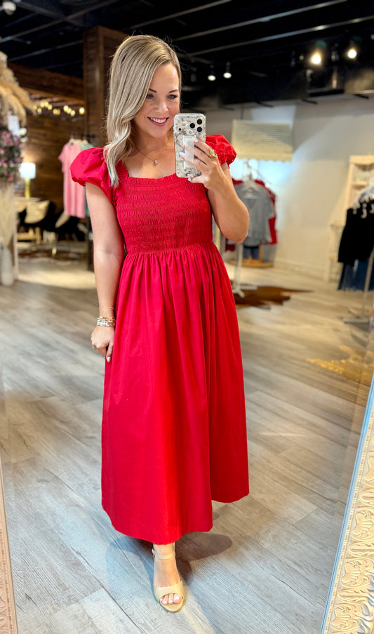 Red Smocked Midi Dress