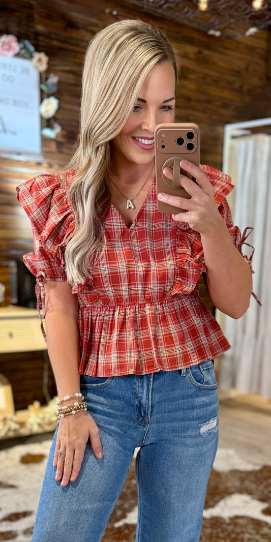 Terracotta Plaid Ruffe Top