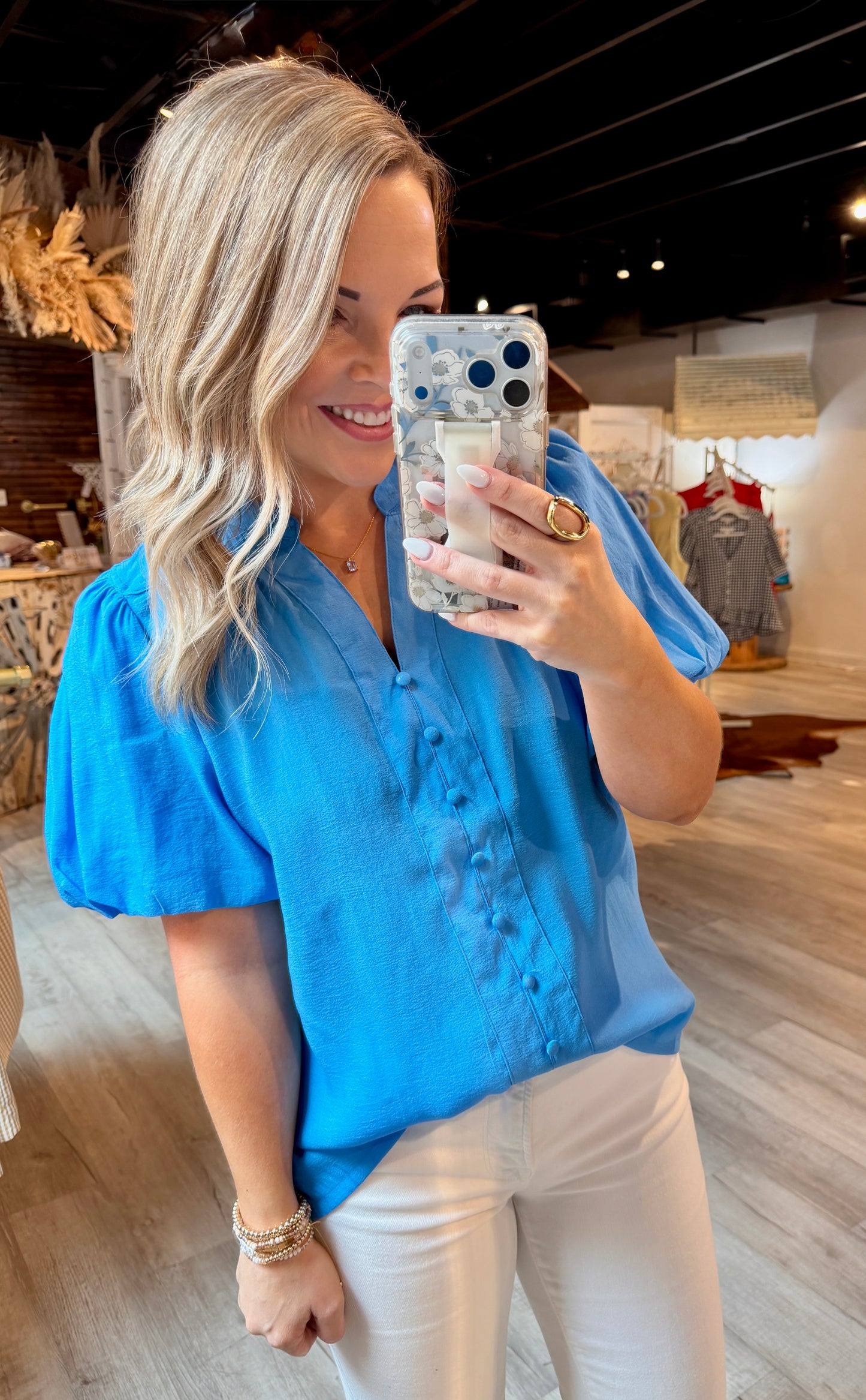 Ocean Blue Puff Sleeve Dressy Top
