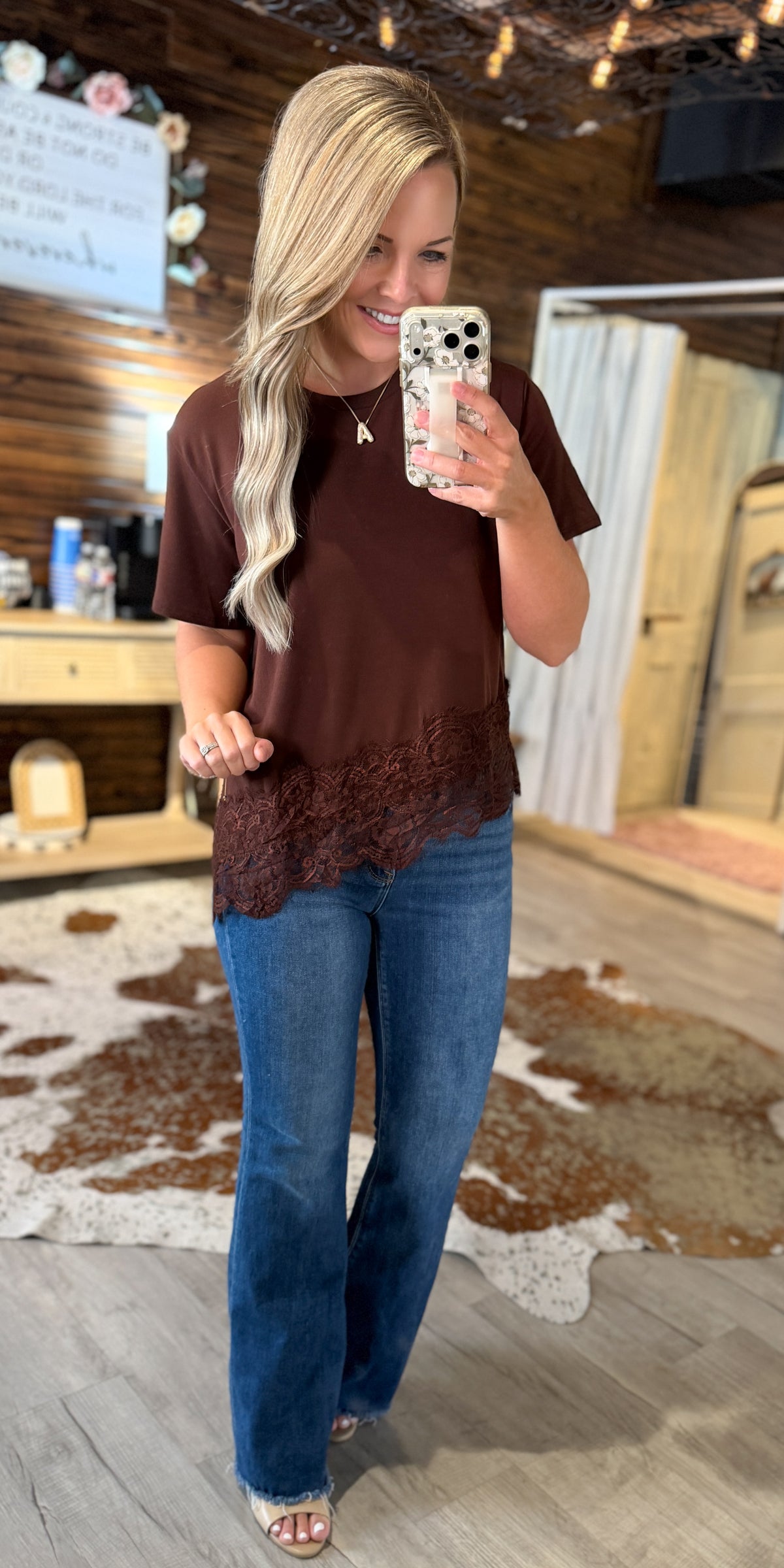 Brown Lace Trim Top