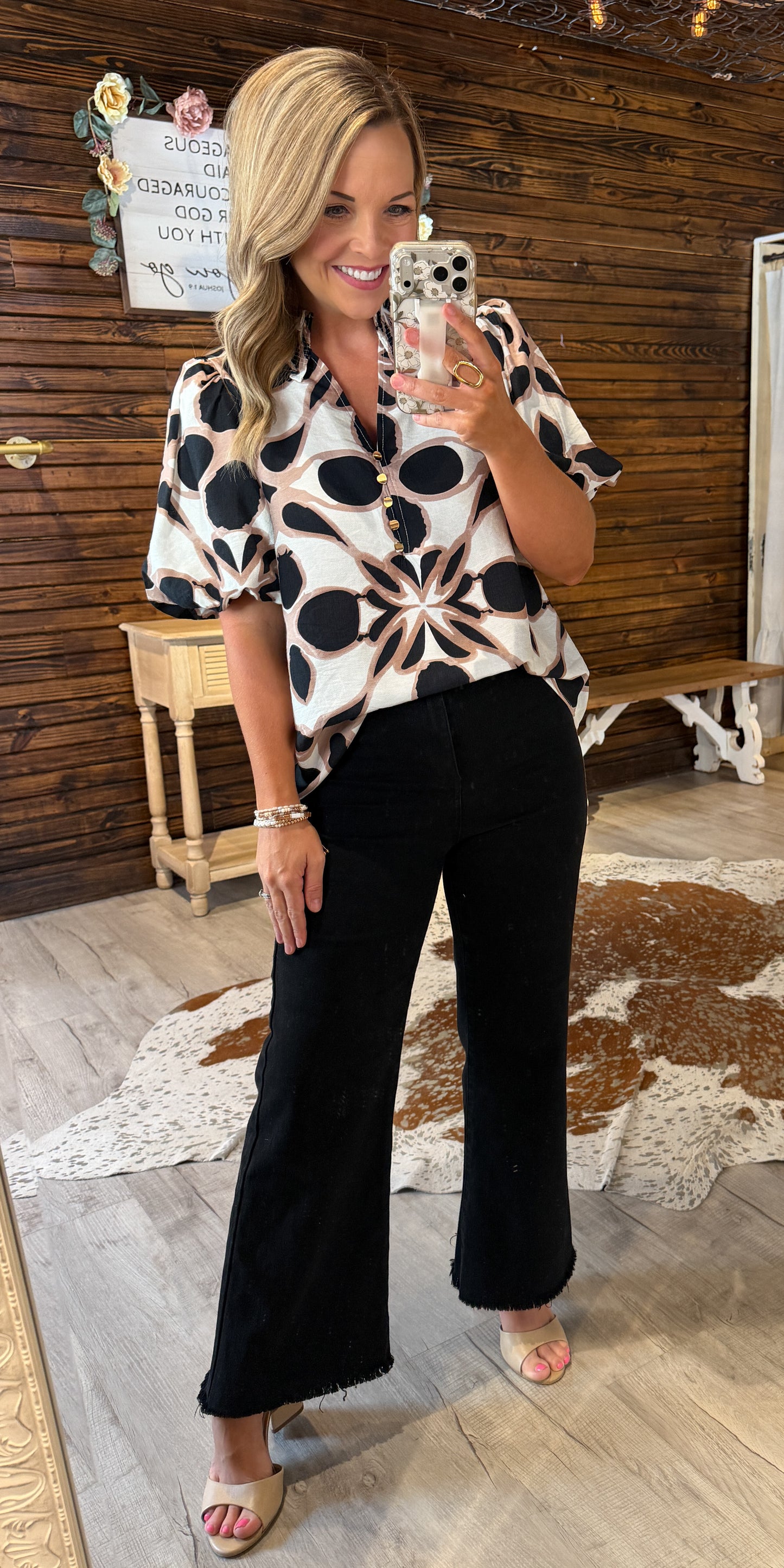 Black/Taupe Print Dressy Top