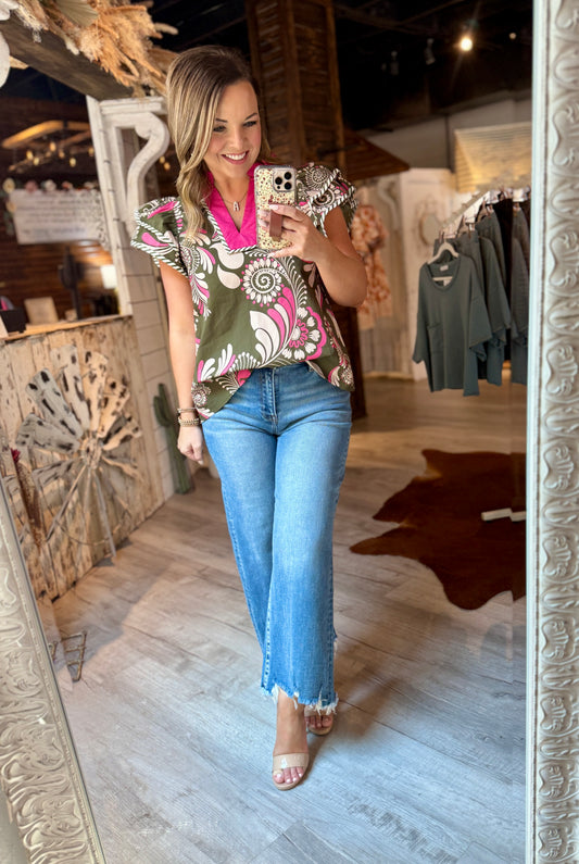 Pink/Olive Floral Top