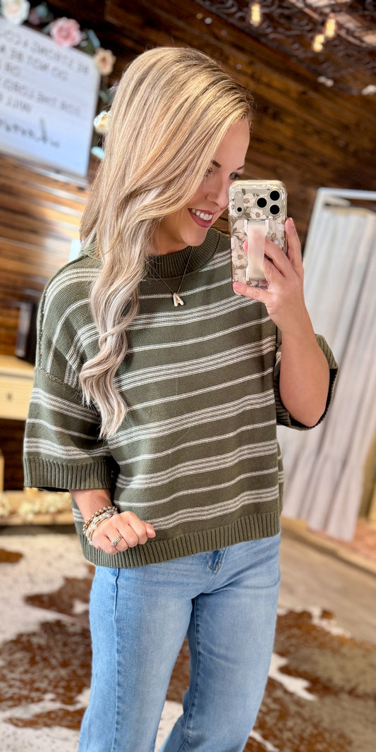 Olive Striped Knit Sweater Top