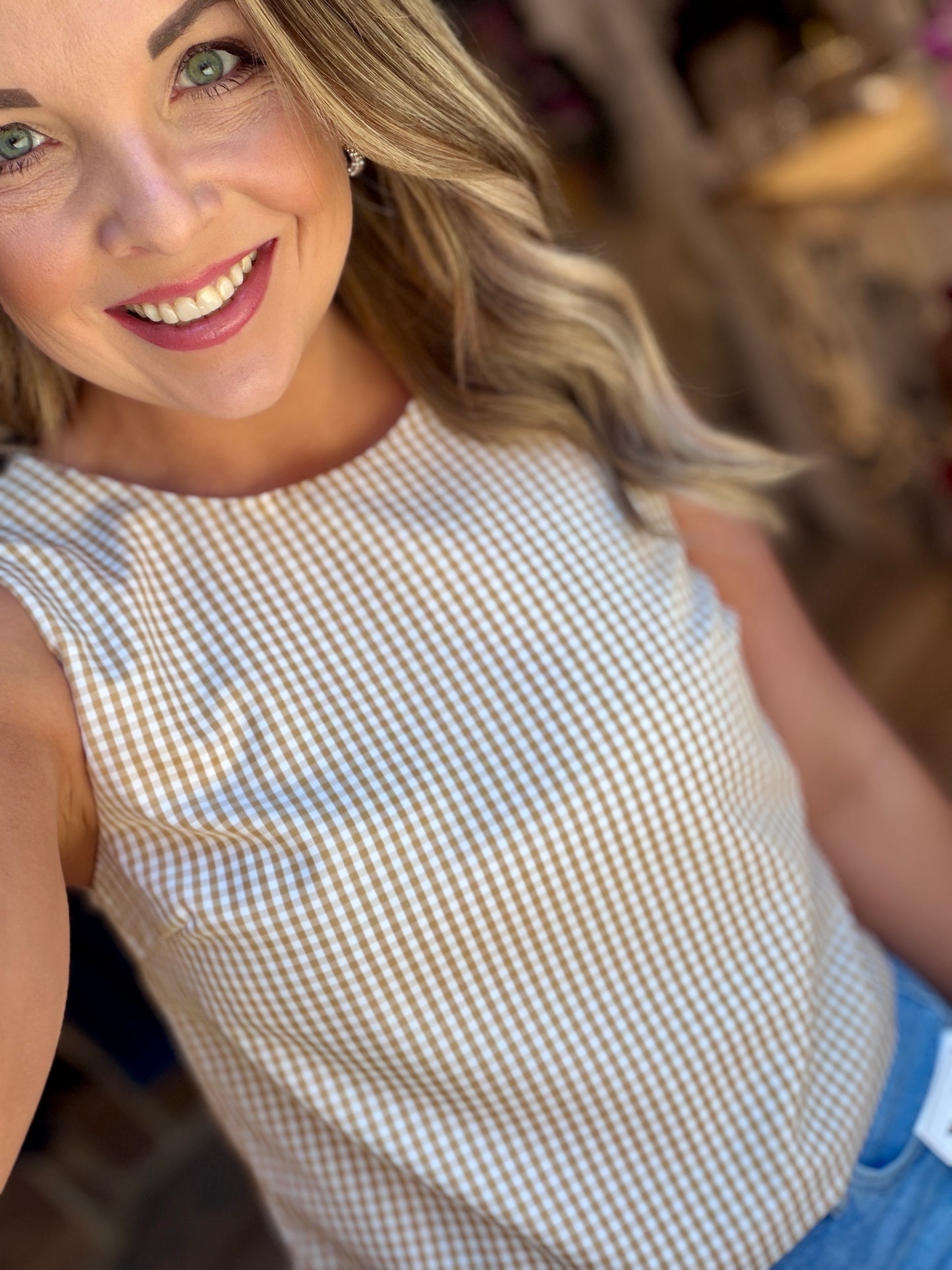 Tan/White Gingham Top