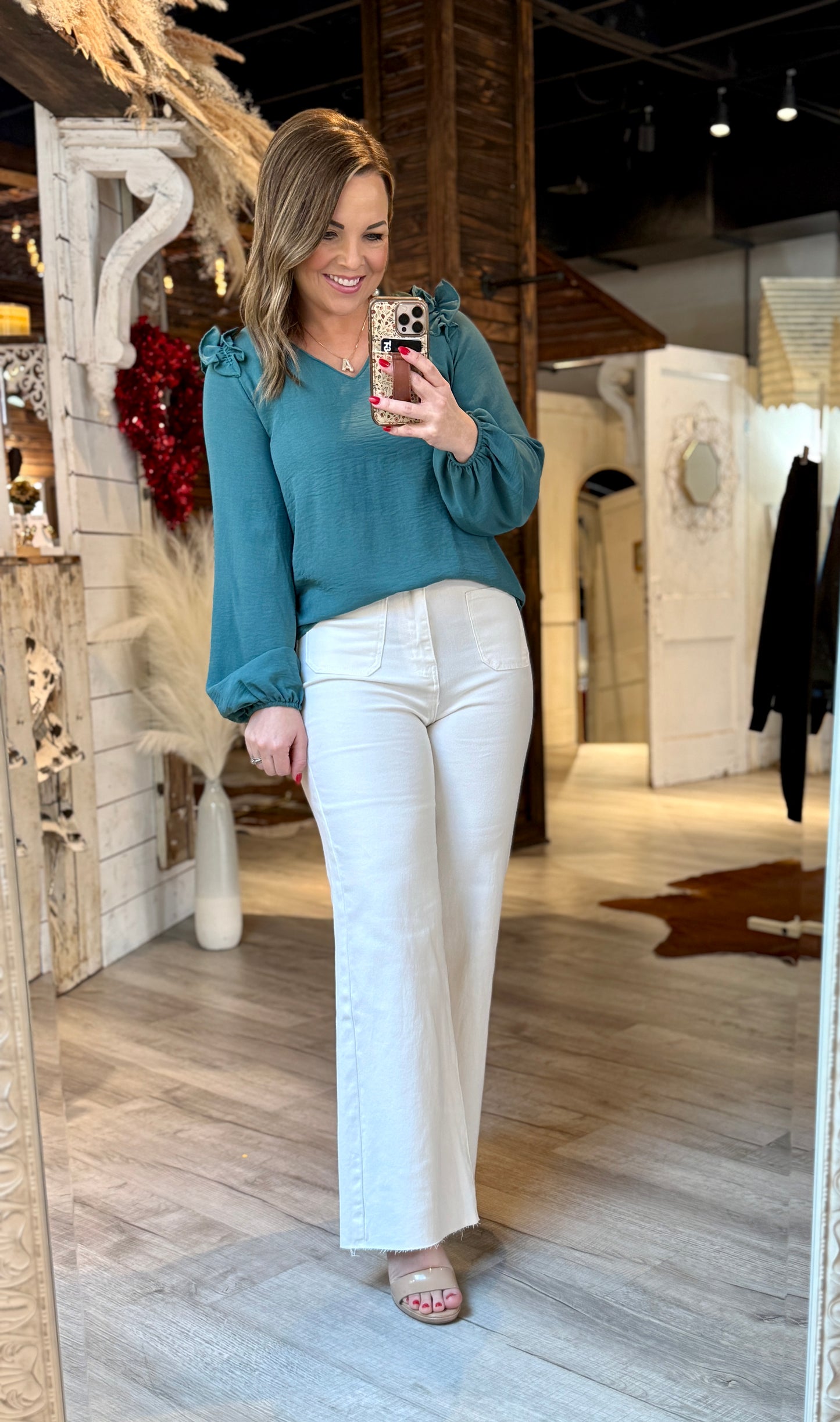 Seafoam Ruffled V Neck Top