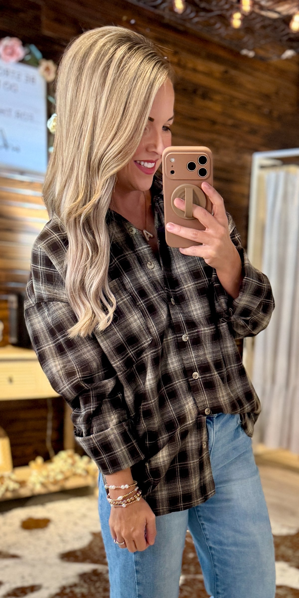 Brown Plaid Button Up Top