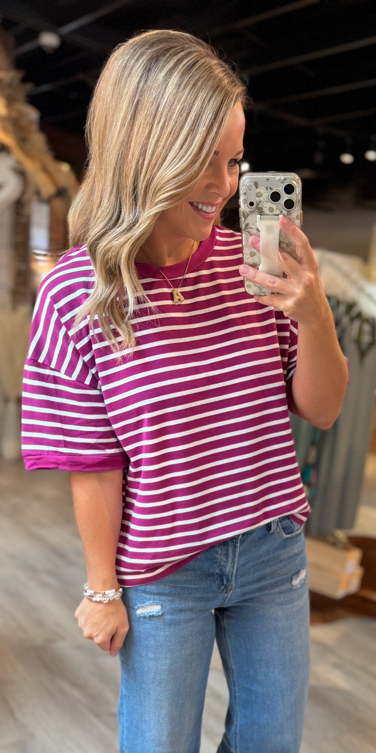 Magenta/Ivory Striped Top