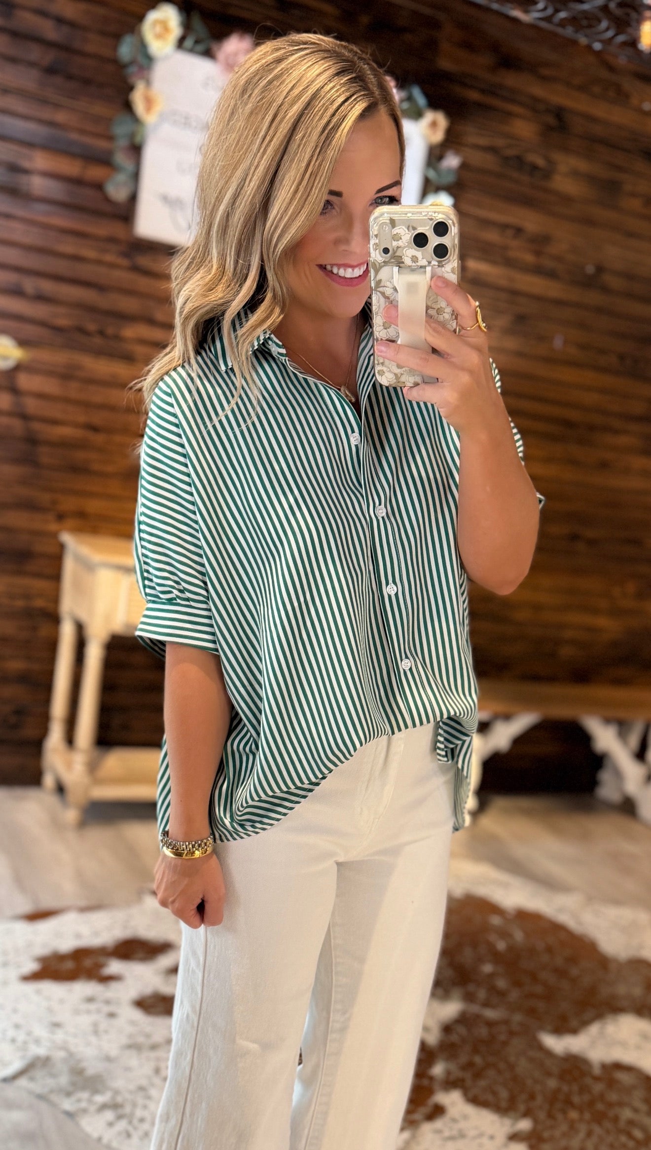 Green/White Button Down Top
