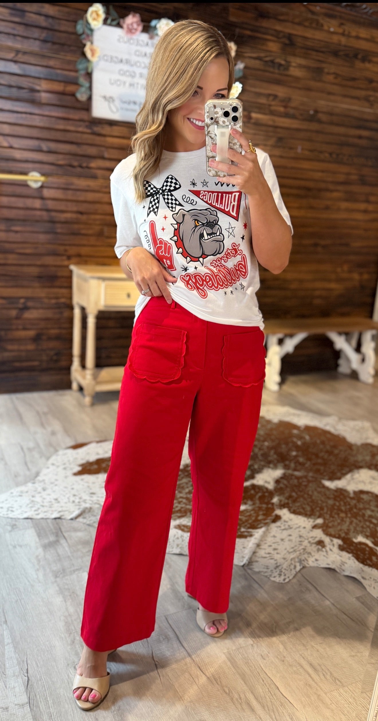 Red Scalloped Pocket Dress Pants