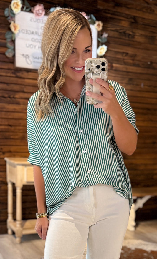Green/White Button Down Top