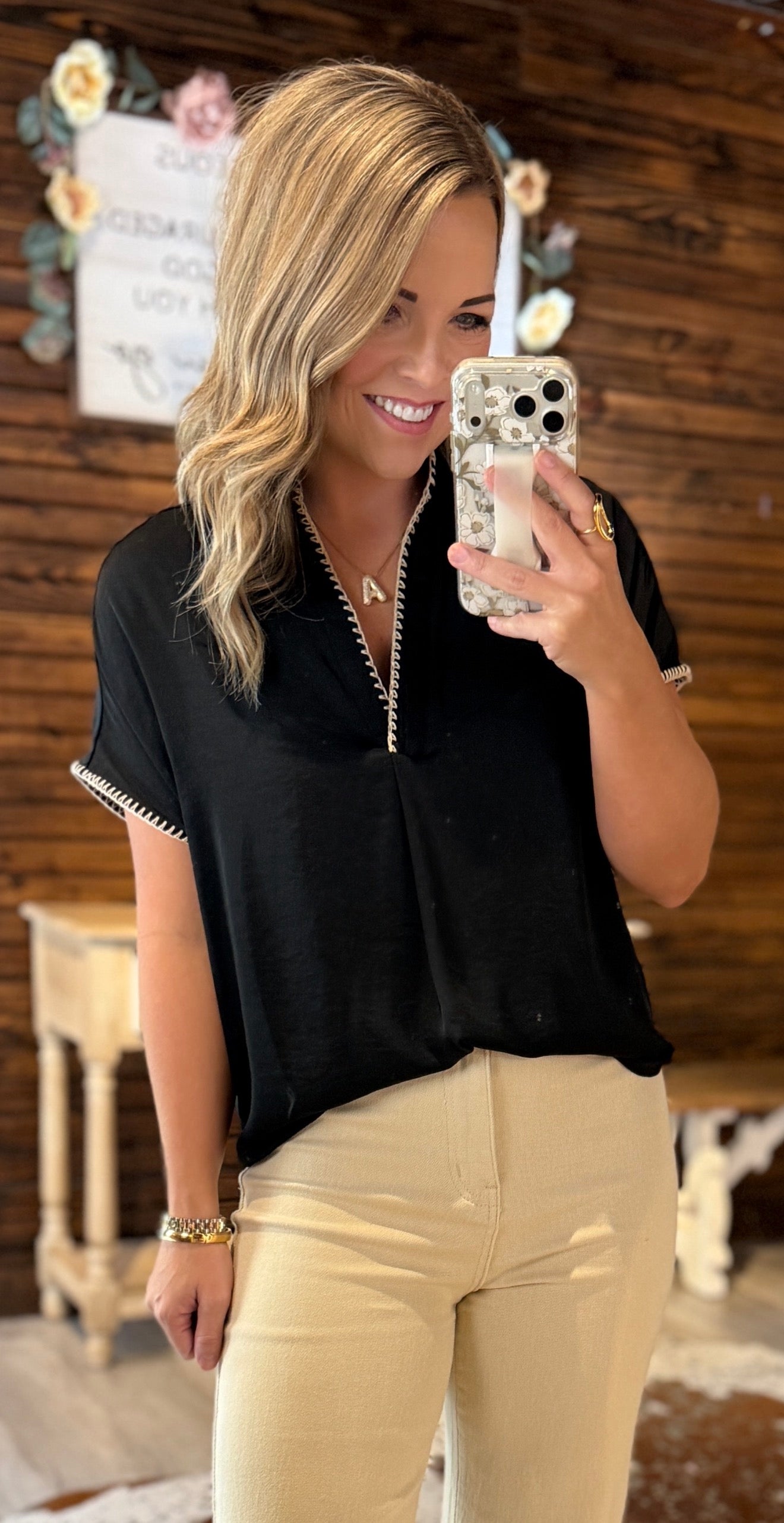 Black/Almond Detail Stitched Top