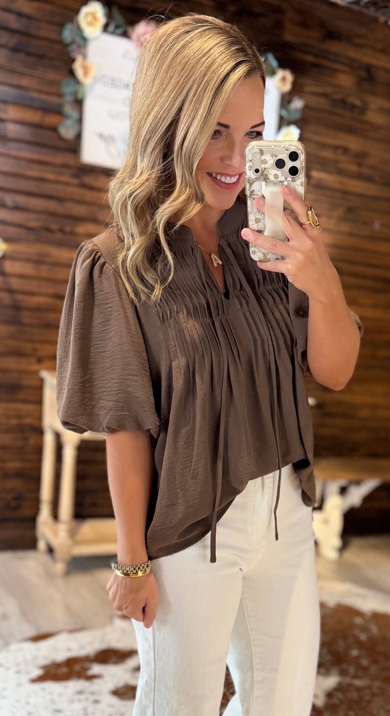 Mocha Puff Sleeve Dressy Top