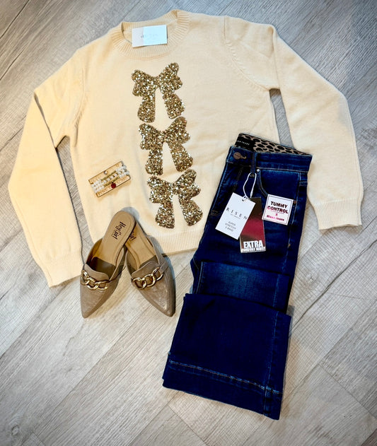 Cream/Gold Sequin Bows Sweater