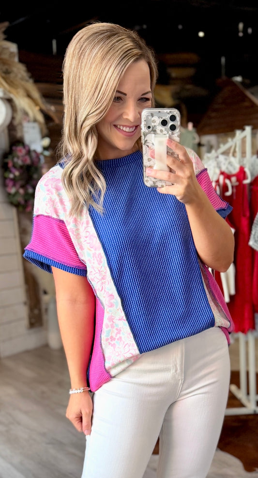 Royal Blue/Pink Floral Ribbed Top