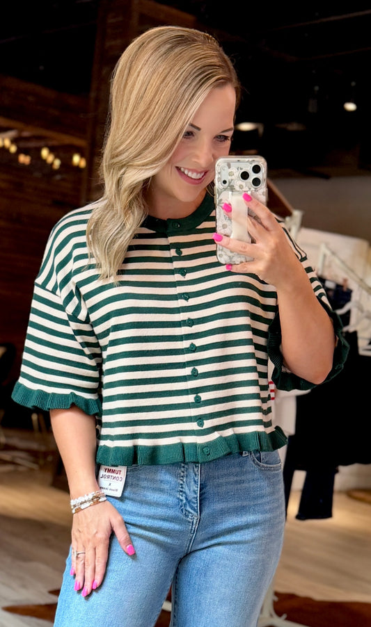 Green/Ivory Striped Ruffle Top
