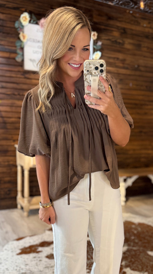 Mocha Puff Sleeve Dressy Top