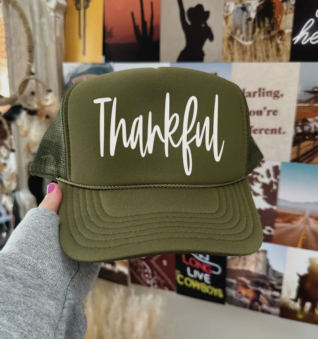 Thankful DTF Printed Olive Trucker Hat