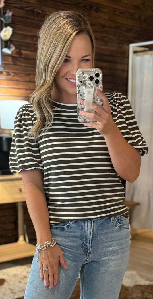 Olive/ivory Striped Puff Sleeve Top