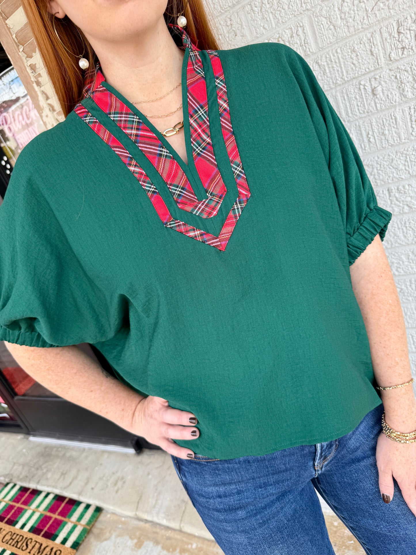 Green Christmas Plaid Dressy Top