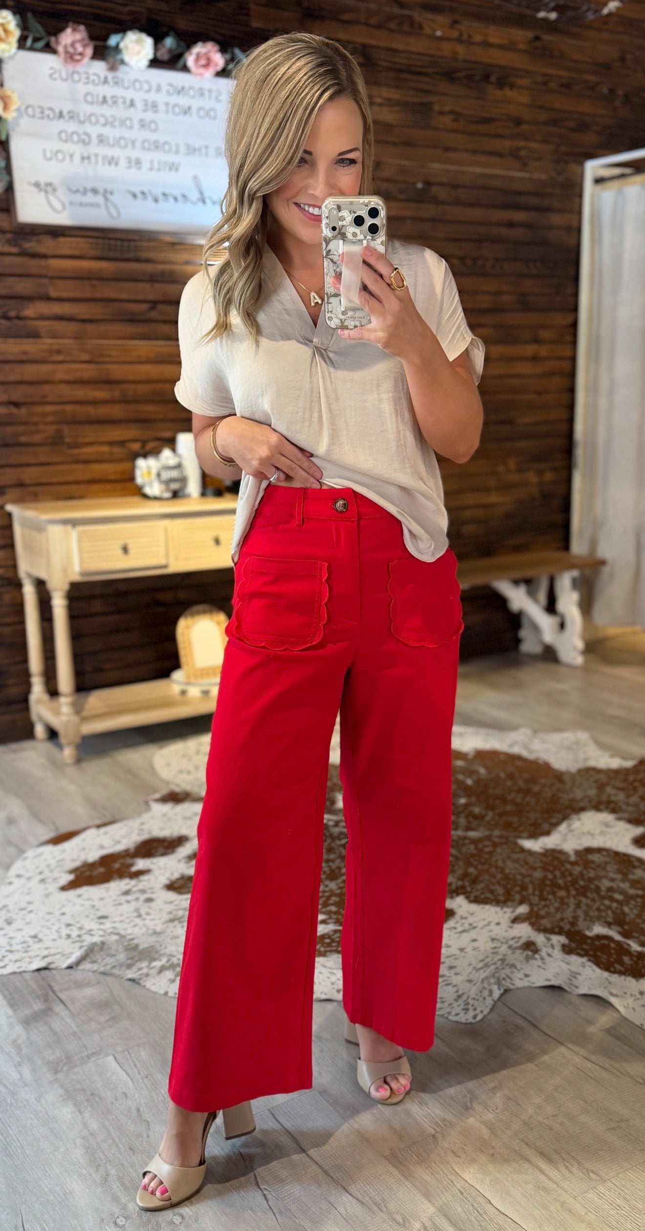 Red Scalloped Pocket Dress Pants