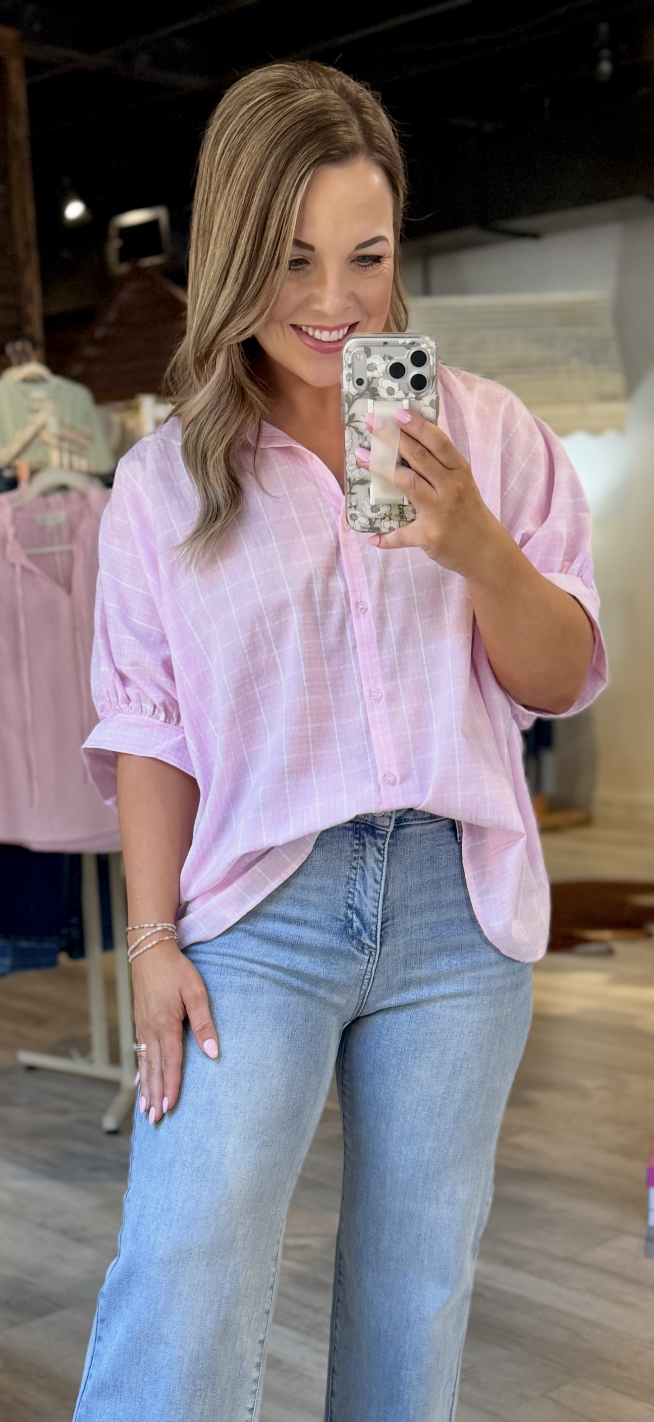 Pink Button Down Checkered Top