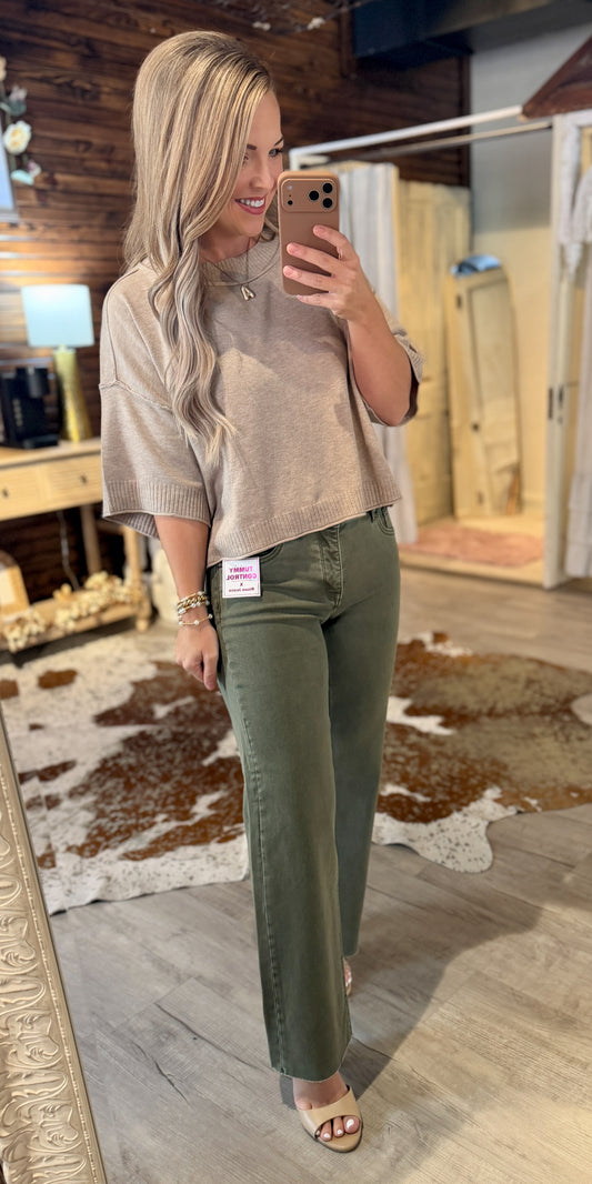 Risen Olive Mid Rise Straight Denim