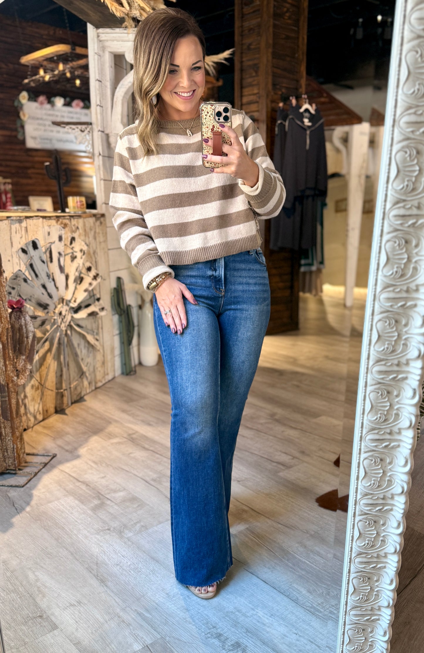Taupe Striped Boat Neck Top