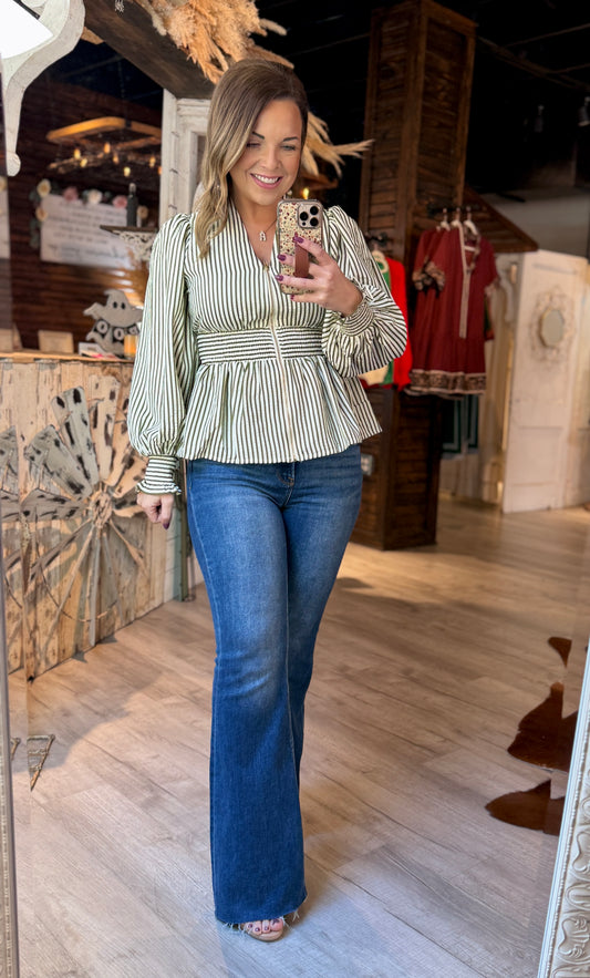 Olive Stripe Zip Top