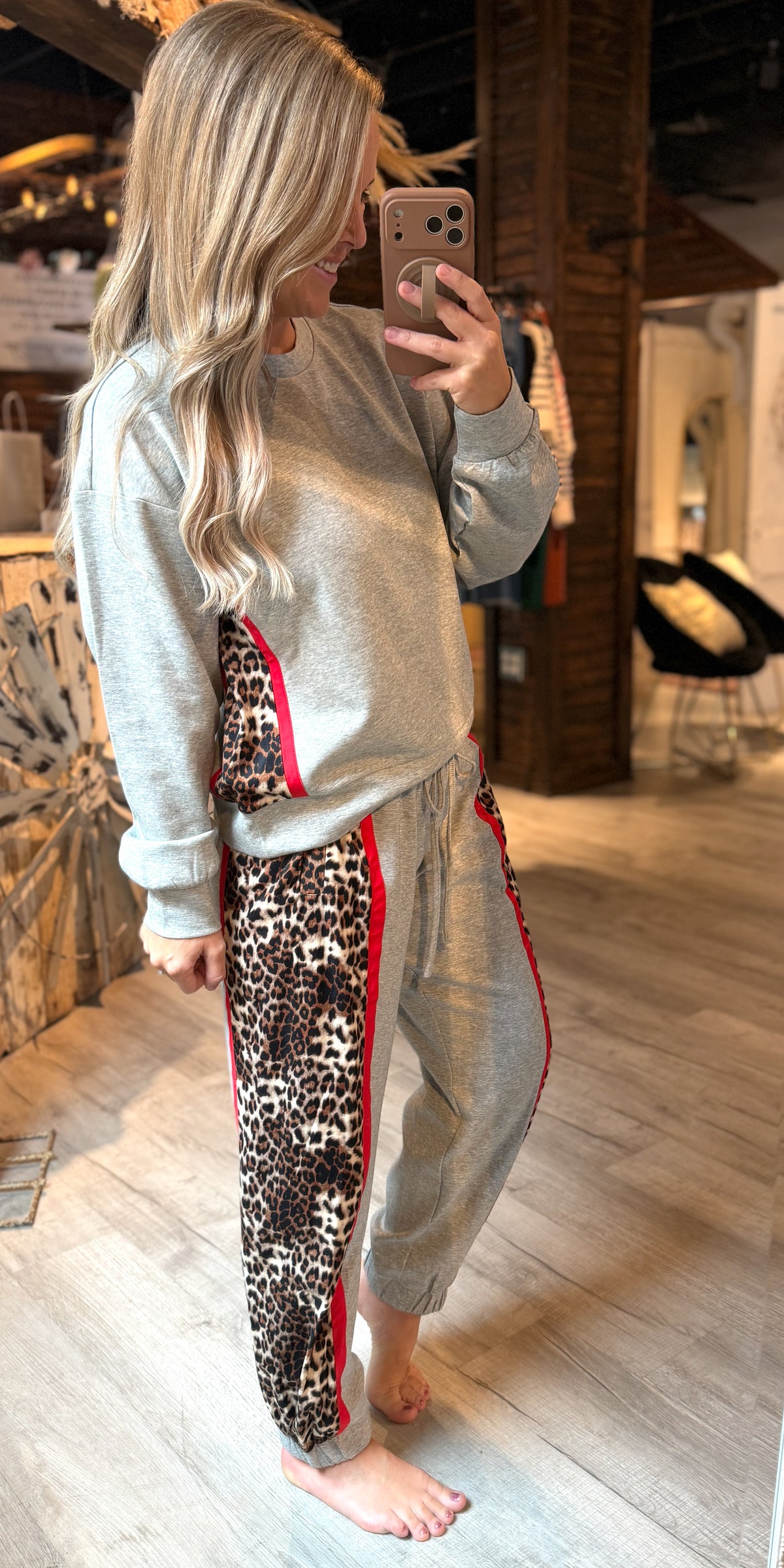 Leopard Trim Grey Jogger Set